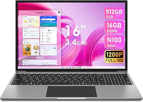 jumper Laptop, Alder Lake N100 CPU(Up to 3.4GHz), 16GB DDR5 512GB SSD, FHD IPS Display（1920×1200）, Notebook Computer with 38WH Battery, Cooling System, Numeric Keypad, 2.4+5G WiFi, BT4.0, Gray.